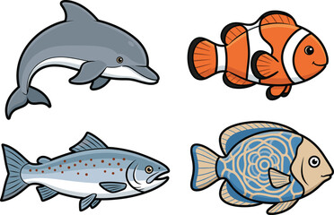 Obraz premium Set of cartoon marine animals and fish including dolphin and tropical species for kids education and ocean themed vector designs