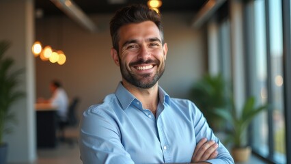 Fototapeta premium business man smiling confidently in modern office portrait happy employee at creative media agency in qatar expressing pride excitement and career growth professional startup workplace
