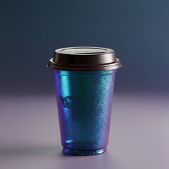 Shimmering blue reusable cup with black lid on purple background