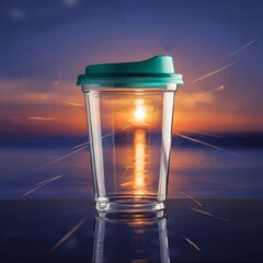 Reusable clear plastic tumbler with green lid against vibrant sunset background