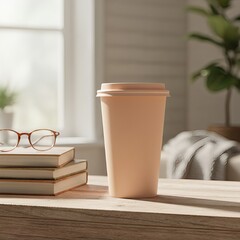 Cozy morning setup with reusable coffee cup and books on wooden desk