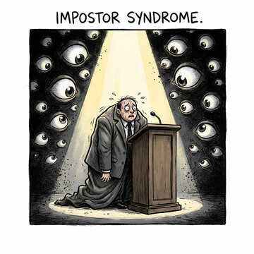 Impostor syndrome concept with nervous speaker at podium sweating under spotlight of judging eyes