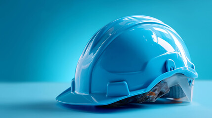 Fototapeta premium Light blue hard hat display, matching blue background visualization, construction headwear concept, industrial safety representation, color-coordinated PPE aesthetic, with copy space