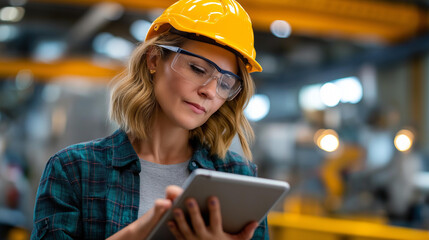 Female industrial worker using display, digital tablet factory young woman engineer, safety helmet glasses checking, production data smart manufacturing, concept visualization, with copy