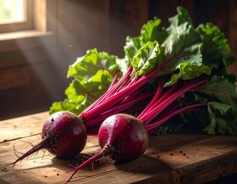Betteraves crues avec feuilles pos&eacute;es sur une table en bois rustique. Generated Image. 