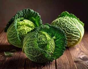 Choux verts d&eacute;pos&eacute;es sur un plateau en bois dans une cuisine rustique. Generated Image. 