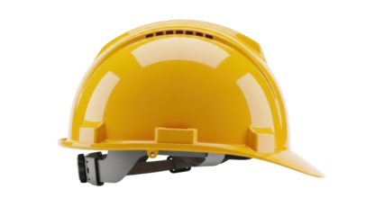 Yellow hard hat isolated PNG, construction safety helmet for industrial work and personal protective equipment on transparent background