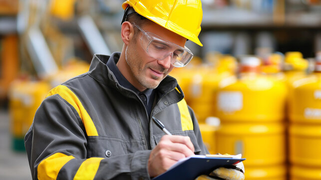 Worker reviews chemical safety data, sheet controlled storage area wearing protective gear, hazardous material visualization, industrial compliance concept, with copy space