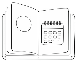 Sketchy open book with calendar and circle on pages, concept of planning