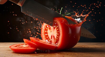 Knife cutting through a juicy red tomato on a wooden surface
