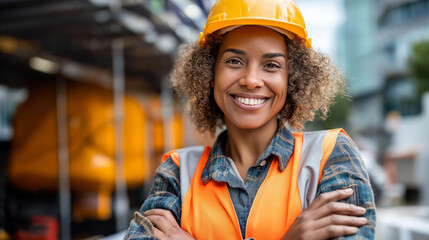 Confident Black female construction worker, smiling wearing safety gear standing work site, strength professionalism positivity, construction industry visualization, diversity