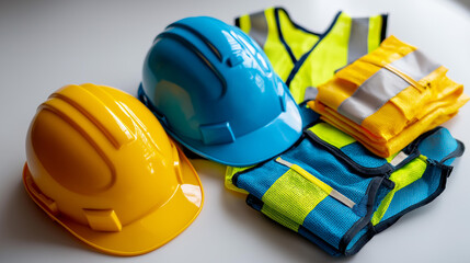 Top view flat lay display, essential construction safety equipment hard hats, high-visibility vests arranged neatly, PPE visualization, workplace organization concept, with copy space