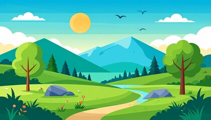 Obraz premium Stylized Serene Landscape with Pergola, River, and Sunset Over Mountains