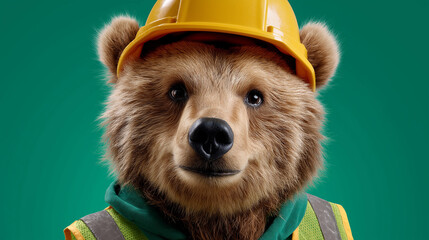 Funny bear wearing safety helmet, construction vest green backdrop humorous construction, animal concept playful visualization, industrial mascot display, with copy space