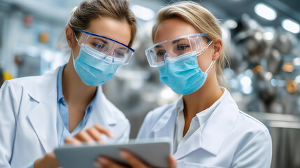 Two female scientists wearing masks, protective gear using digital tablet, pharmaceutical factory industrial workers, analyzing data manufacturing machinery, visualization laboratory