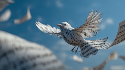 Surreal closeup of sheet music paper bird transforming into real bird mid-flight soft sky background copy space smooth morphing poetic realism, minimal composition musical artistic smooth beautiful