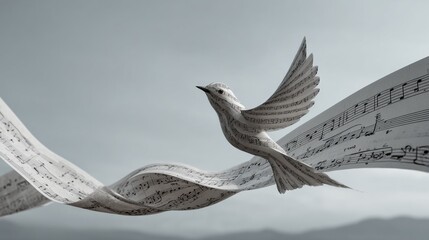 Surreal closeup of sheet music paper bird transforming into real bird mid-flight soft sky background copy space smooth morphing poetic realism, minimal composition musical artistic smooth beautiful