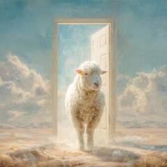 A serene holy white glowing lamb Christian religious symbol emerges from a mystical heavenly door bathed in beautiful light welcoming you in door is in desert landscape lamb of god Easter resurrection