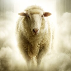 A serene holy white glowing lamb Christian religious symbol emerges from a mystical heavenly door bathed in beautiful light welcoming you in door is in desert landscape lamb of god Easter resurrection