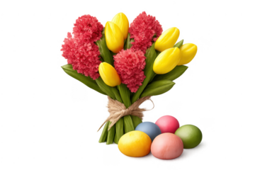 Easter bouquet with yellow tulips and pink hyacinths and colorful eggs