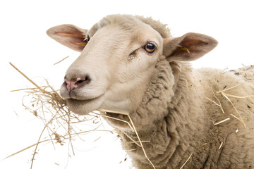 Ultra realistic sheep portrait, medium close-up, sheep calmly chewing hay, neutral gentle expression, small pieces of dry hay falling softly around the sheep, frozen mid-air, sharp focus, detailed woo