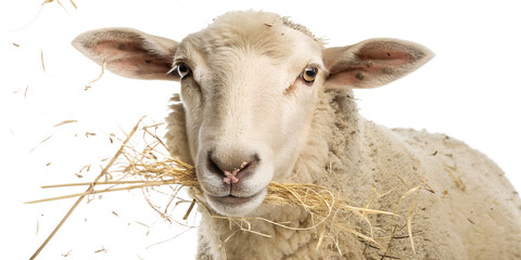 Ultra realistic sheep portrait, medium close-up, sheep calmly chewing hay, neutral gentle expression, small pieces of dry hay falling softly around the sheep, frozen mid-air, sharp focus, detailed woo