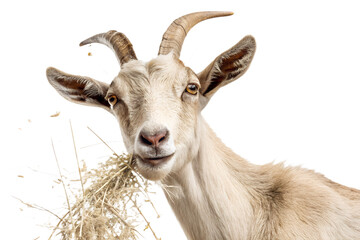 Ultra realistic goat portrait, medium close-up, goat calmly chewing hay, neutral relaxed expression, small pieces of dry hay falling gently around the goat, frozen mid-air, sharp focus, detailed fur t