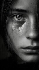 Fototapeta premium Extreme close up black and white portrait capturing the raw emotion of a single tear rolling down a young person's cheek in deep sorrow