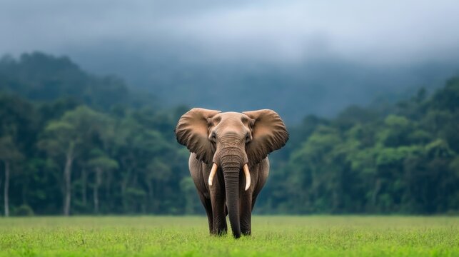 Majestic Elephant Standing in Lush Green Field Against Dramatic Sky