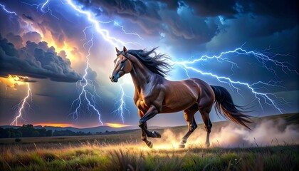 Galloping Horse with Lightning and Fiery Ground Symbolizing Power and Editorial Styling for Dramatic Freedom