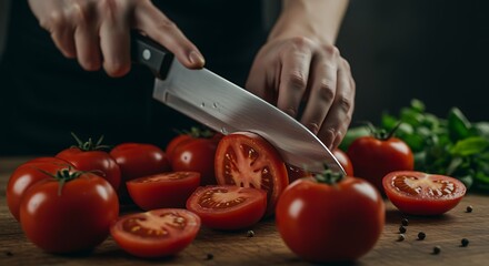 person cutting fresh red tomatoes on wooden table with knife