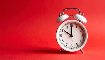 White Analog Alarm Clock on Red Background Symbolizing Time Awareness and Editorial Styling for Morning Routine