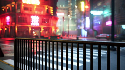 Obraz premium In a bustling city at night, colorful neon signs illuminate the wet streets. Raindrops add a shimmering effect, while reflections dance along the pavement. The scene captivates with energy and life.