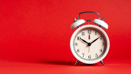White Analog Alarm Clock on Red Background Symbolizing Time Awareness and Editorial Styling for Morning Routine