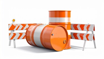 Traffic Barrels and Barricade in Orange and White Symbolizing Road Safety and Editorial Styling for Construction Zones