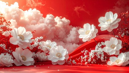Surreal Floral and Cloud Composition on Red Background Symbolizing Fantasy and Editorial Styling for Conceptual Art