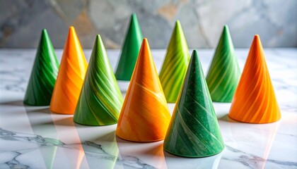 Glossy Colorful Cones on Marble Surface Symbolizing Geometric Art and Editorial Styling for Abstract Design