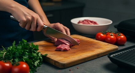 person cutting raw meat on a wooden board with knife and vegetables