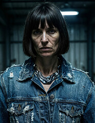 Raw Fashion Shot of Model with Liquid Chrome Statement Piece and Stiff Denim.