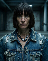 Urban Minimalist Aesthetic: Woman in Heavyweight Denim with Un-retouched Skin.