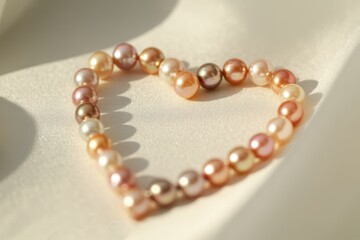 Obraz premium Heart-shaped pearl bracelet with mixed pastel colors on white silk fabric jewelry