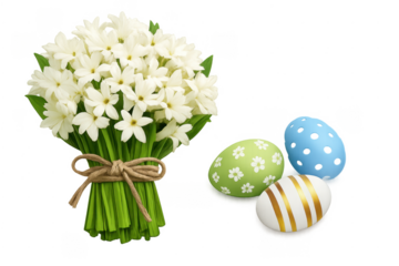 Easter eggs and white flowers bouquet celebrating spring