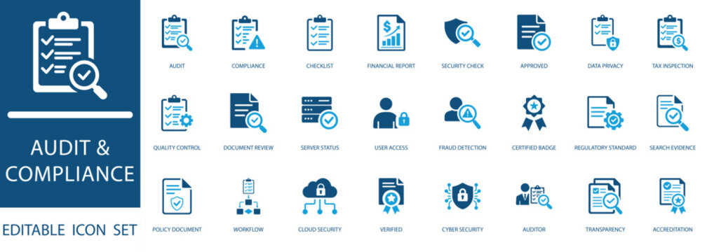 Audit and Compliance Icon Set. featuring data privacy, cloud security, cyber security, regulatory standards, and financial inspection.