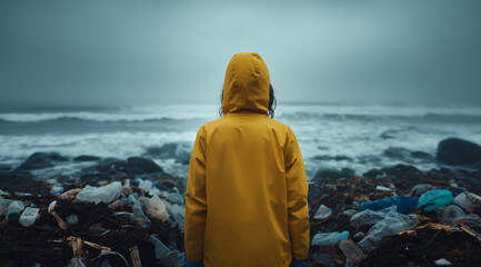 Fototapeta premium Person in yellow raincoat observing a heavily polluted beach with plastic waste