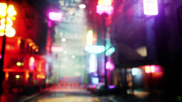 Colorful neon lights reflect off wet pavement in a lively urban alley. The atmosphere is energetic, filled with the sounds of nightlife as people move through the vibrant setting.