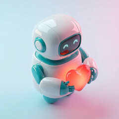 Adorable 3D isometric robot holding a glowing red heart. Futuristic white and teal droid with digital smiling eyes on a soft pastel gradient background. Concept for AI love and empathy.