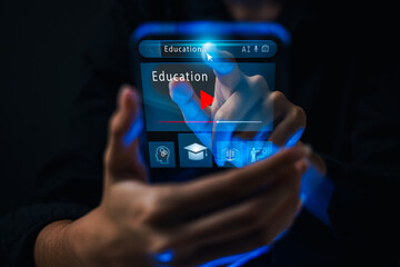 Fototapeta premium Online education and e-learning concept . video tutorials. Ideal for learning platforms, AI education, and smart technology. education, online, e-learning, video, tutorial, digital, smart, learning,
