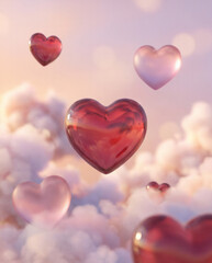 Romantic 3D render of floating glass hearts in red and soft pink. Shimmering translucent heart shapes drifting through fluffy white clouds at sunset for dreamy Valentine's Day backgrounds.