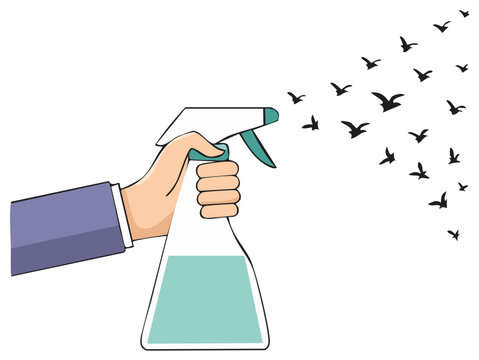 Hand holding sprayer emitting stylized birds flying away freedom concept