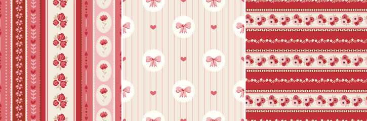 Set of romantic Valentine's day seamless patterns, repeating digital backgrounds. Stripes,
hearts, flowers wedding digital papers for printing
